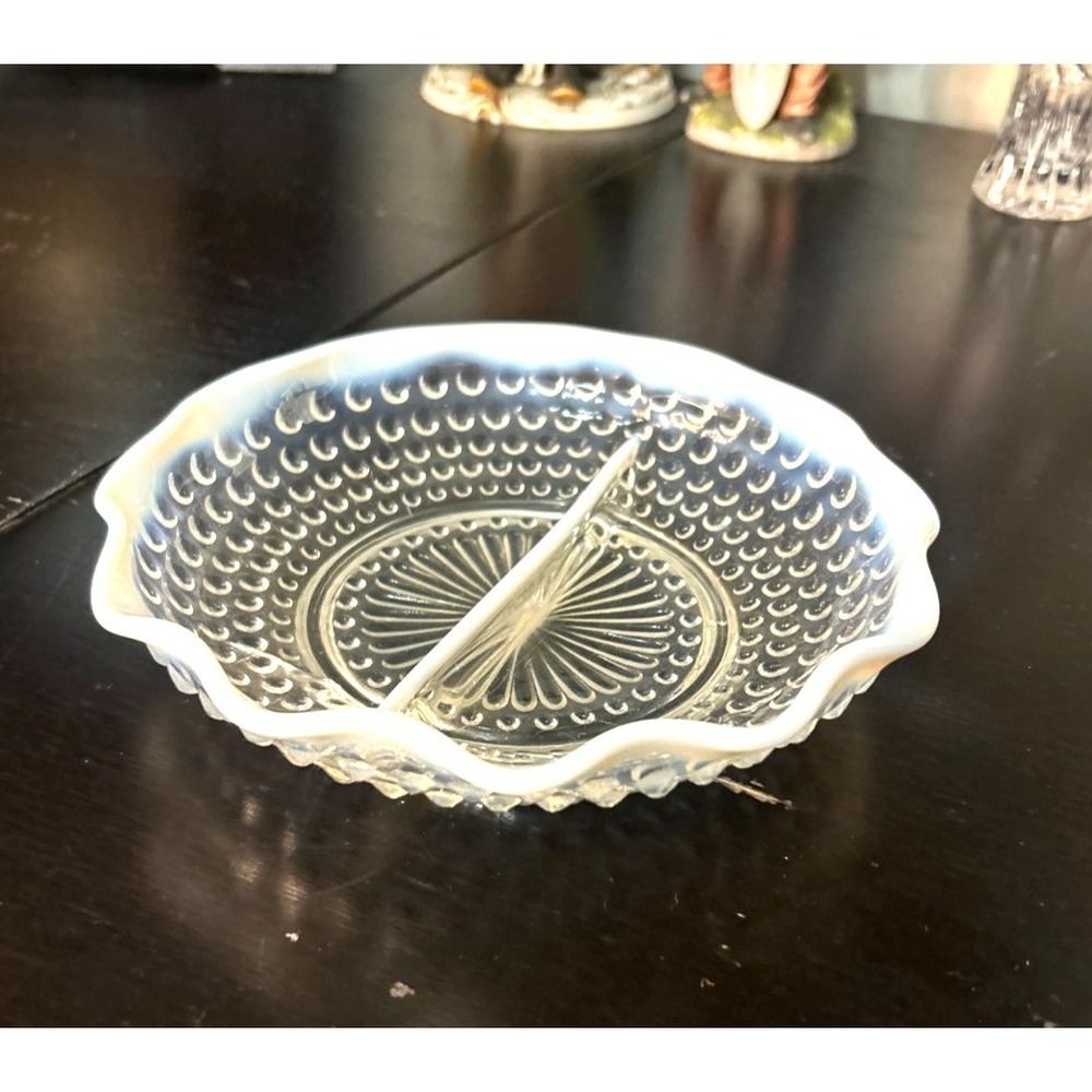 Anchor Hocking Moonstone Hobnail Opalescent Divided Dish Vintage Glass